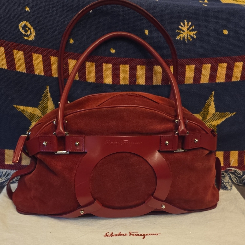 Salvatore Ferragamo Red Suede & Calf Leather Shoulder Bag with Structured Design